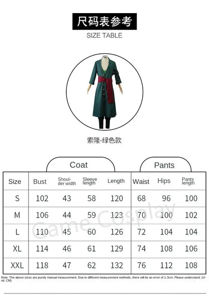 Anime Roronoa Zoro Cosplay Costume Uniform Green Coat Pants Head Scarf Roronoa Zoro Wig Earrings Halloween Carnival Men Clothes