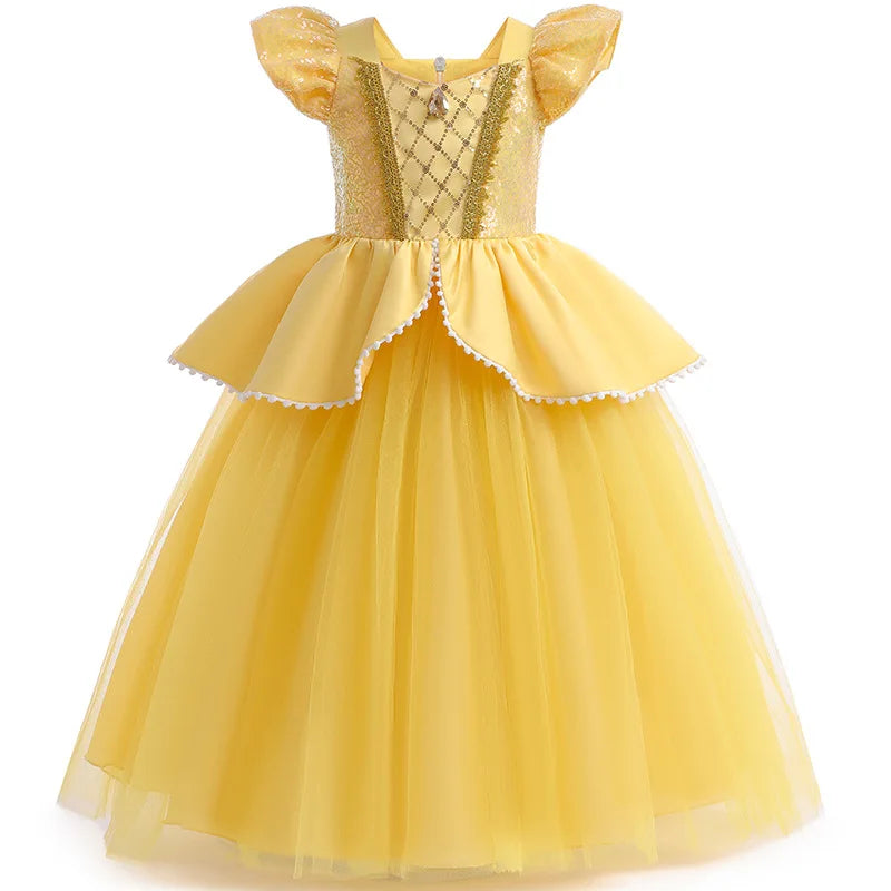 Girls Sequin Princess Dresses Children Disguise Cosplay Belle Costume Beauty and The Beast for Carnival Halloween Birthday Party