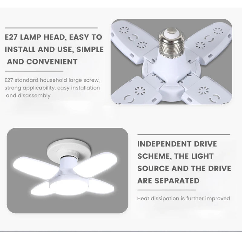 Bombilla LED plegable E27 de 28 W, CA 220 V/110 V, 40 bombillas deformables para iluminación de techo del hogar, almacén y garaje, luz blanca de 6500 K.