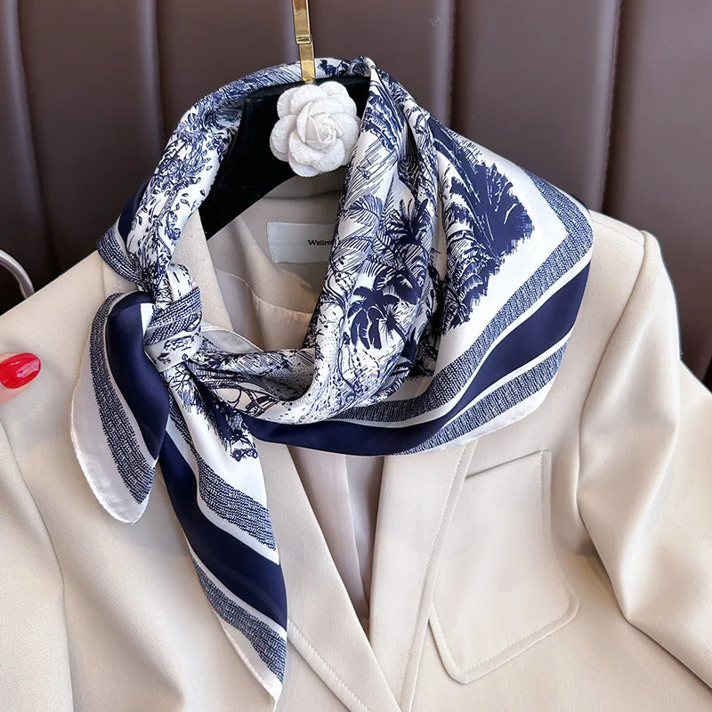 Pañuelo cuadrado de seda con estampado floral de lujo para mujer, pañuelo de satén suave, banda para el pelo, pañuelo para la cabeza, hijab, diadema para mujer, fular, cinta para bolso