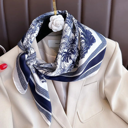 Pañuelo cuadrado de seda con estampado floral de lujo para mujer, pañuelo de satén suave, banda para el pelo, pañuelo para la cabeza, hijab, diadema para mujer, fular, cinta para bolso