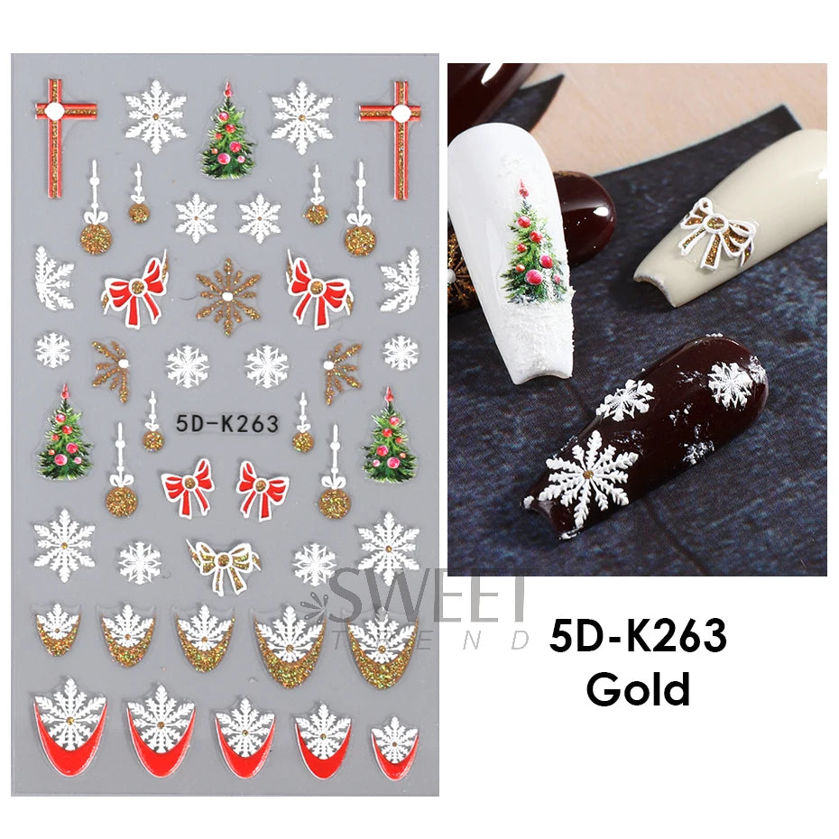 5D Red Christmas Nail Stickers Glitter Embossed Snowflake Gloves Feather Bulb Bells Winter Xmas DIY Engraved Manicure Decoration