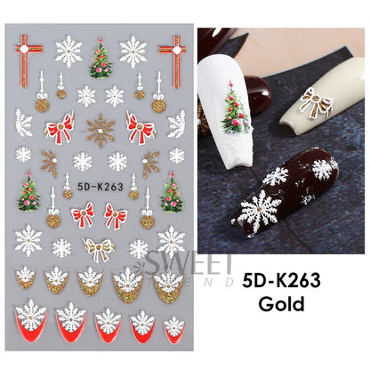 5D Red Christmas Nail Stickers Glitter Embossed Snowflake Gloves Feather Bulb Bells Winter Xmas DIY Engraved Manicure Decoration