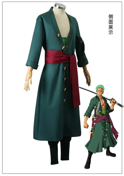 Anime Roronoa Zoro Cosplay Costume Uniform Green Coat Pants Head Scarf Roronoa Zoro Wig Earrings Halloween Carnival Men Clothes