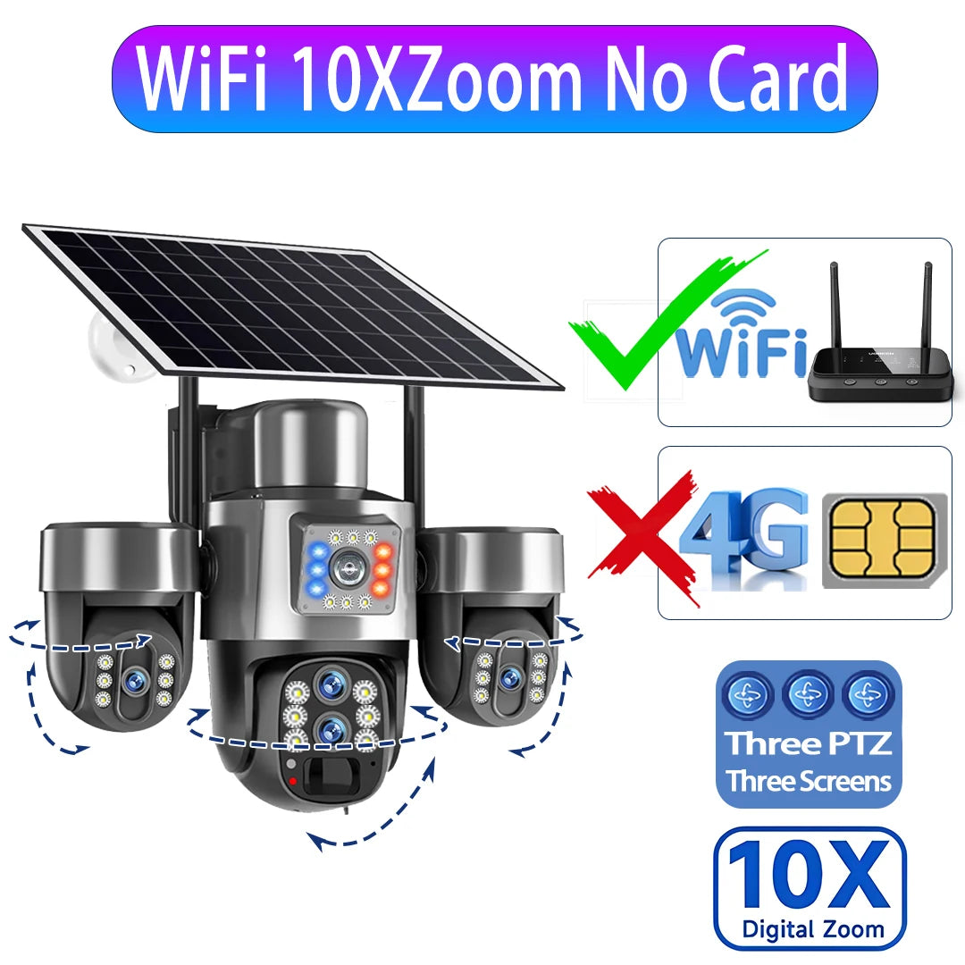 20MP 4G Sim Solar Camera WiFi 10X Optical Zoom 3-PTZ 4-Lens 3-Screens Outdoor Wireless Security Cameras Auto Tracking CCTV V380