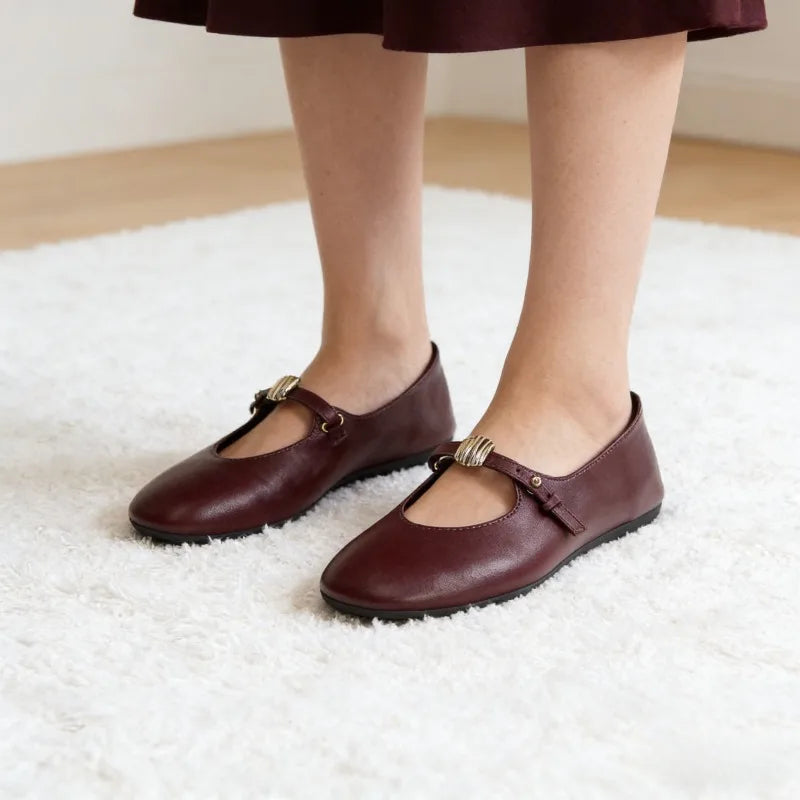 Luxury Metal Decoration Ballet Flats Women Retro Round Toe Soft Leather Mary Jane Shoes Light Soft Sole Comfortable Casual Shoes