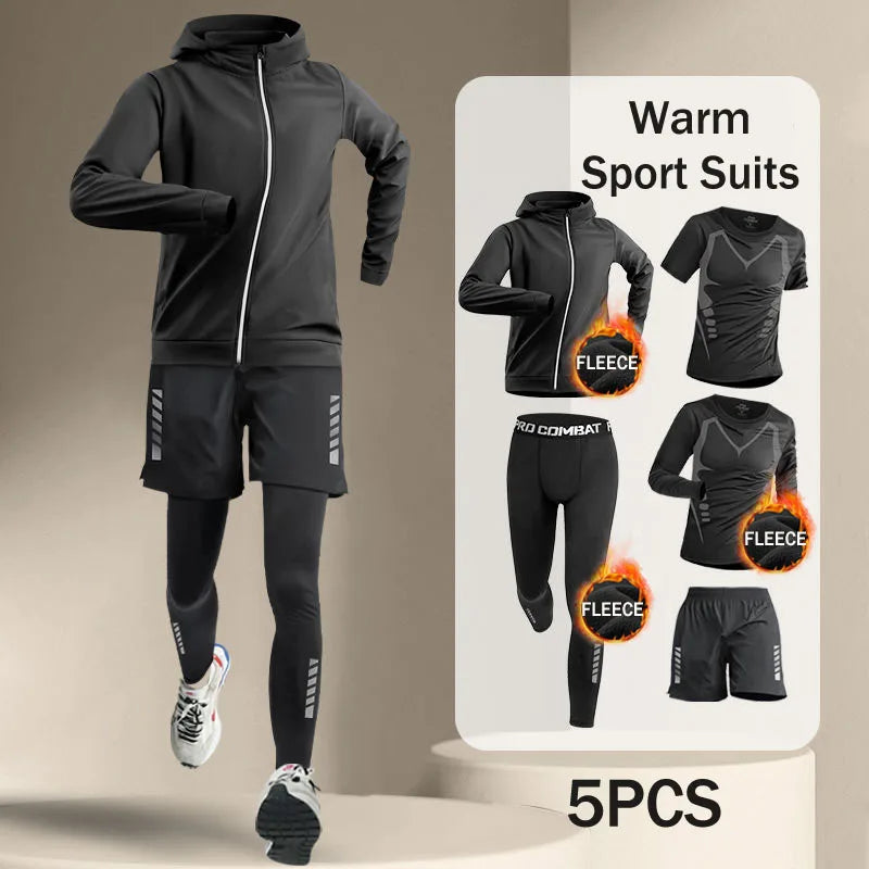 Conjuntos de running para hombre, de invierno, para exteriores, de 2 a 5 piezas, para fitness, trotar por la mañana, deportes, secado rápido, resistente al viento, ciclismo, entrenamiento, chándal