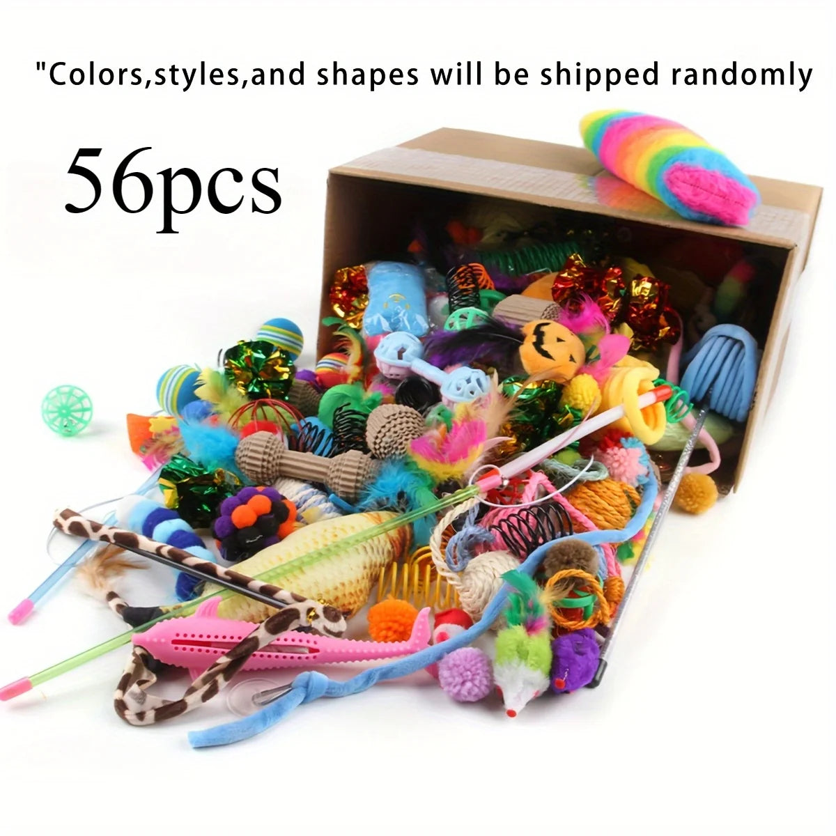 56pcs/28pcs/14pcs Cat Toys Mixed Pack. A Combination of Various Plastic Toys and Plush Toys Suitable for Multiple Cats to Play