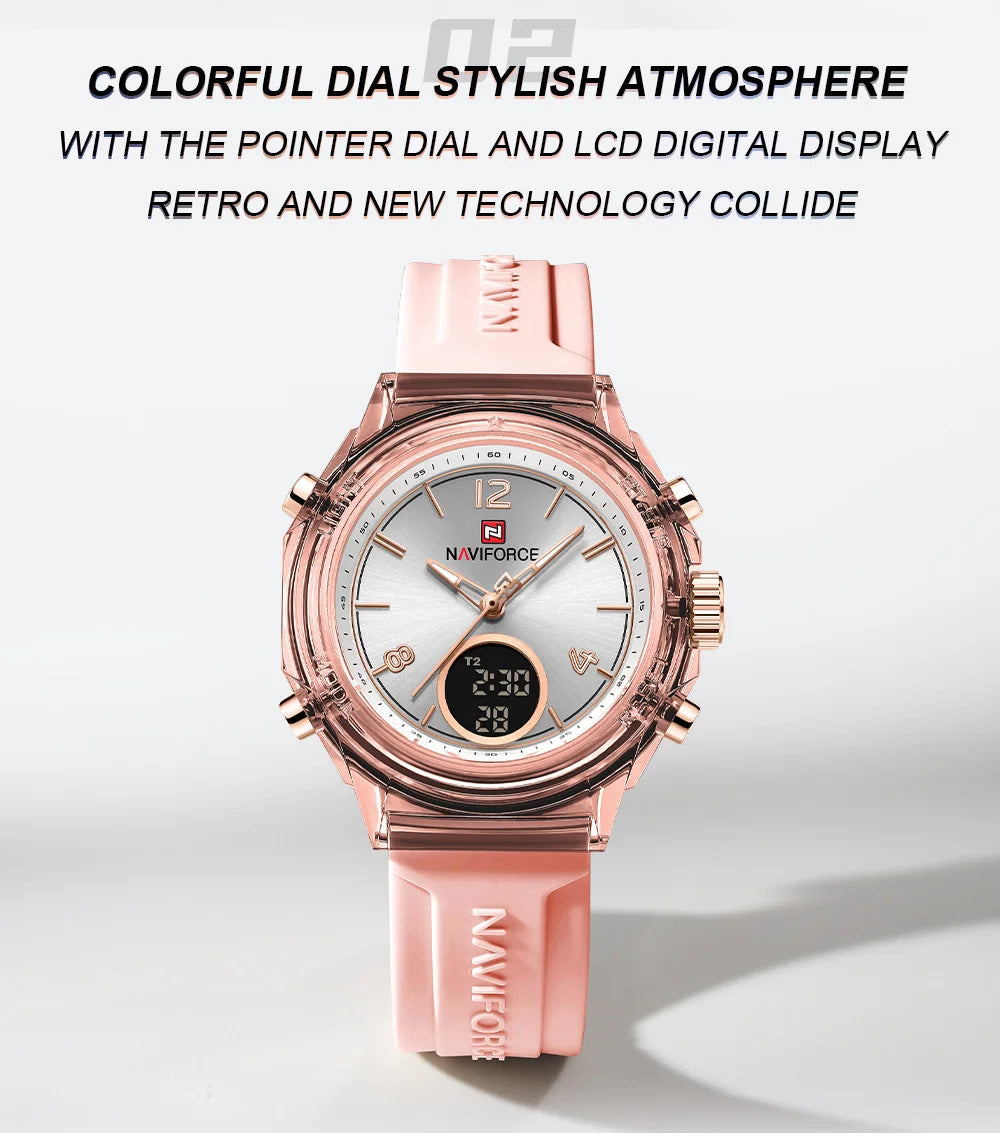 Relojes NAVIFORCE para mujer, nuevo diseño, esfera pequeña, deportivos, para mujer, resistente al agua hasta 5 ATM, reloj de pulsera de cuarzo con pantalla LCD digital, reloj para mujer