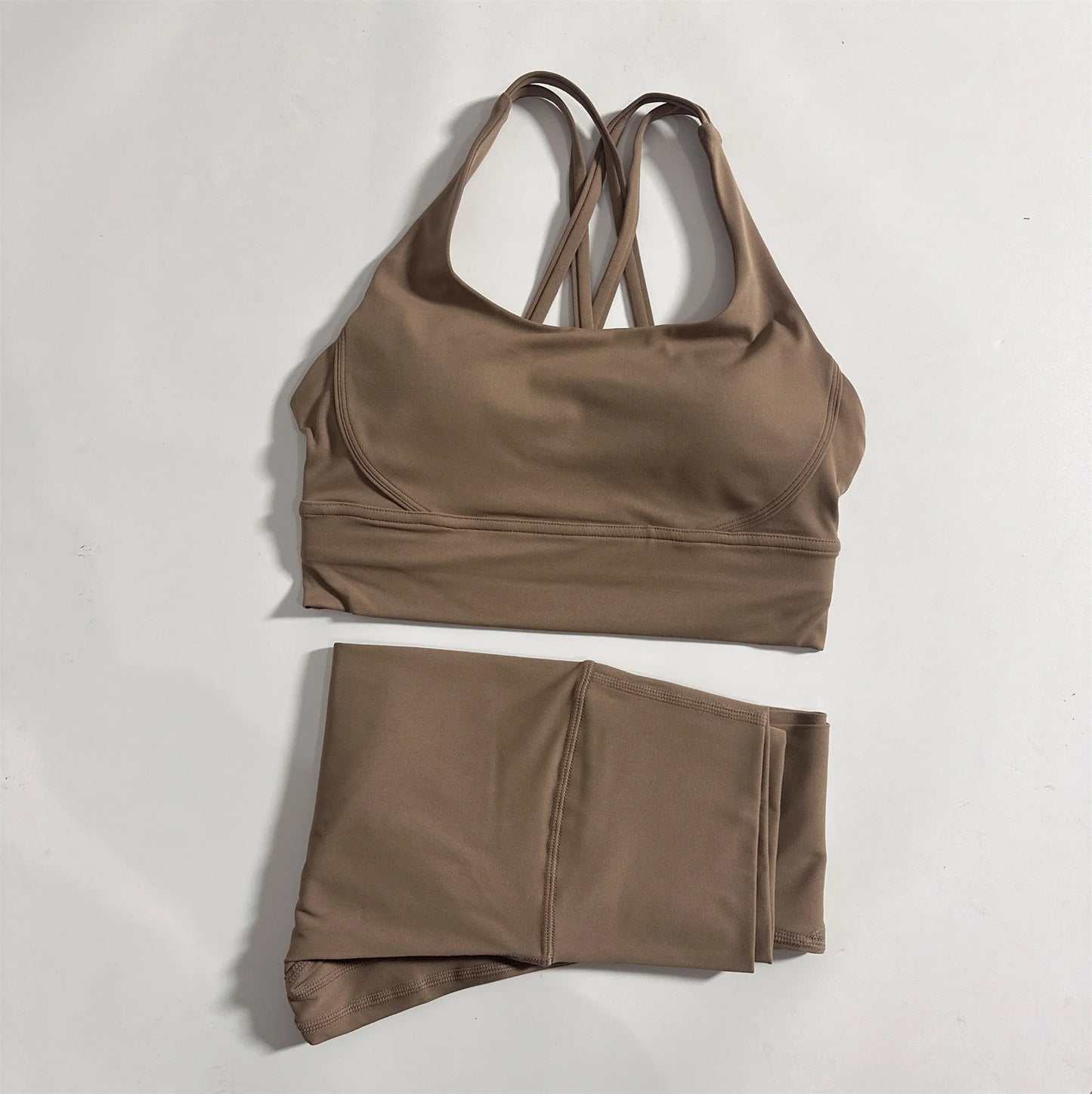 Conjunto de fitness para gimnasio de color sólido, sujetador deportivo cruzado suave y ajustado, 2 piezas de compresión, leggings de yoga de cintura alta, traje de entrenamiento integral para correr