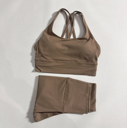 Conjunto de fitness para gimnasio de color sólido, sujetador deportivo cruzado suave y ajustado, 2 piezas de compresión, leggings de yoga de cintura alta, traje de entrenamiento integral para correr