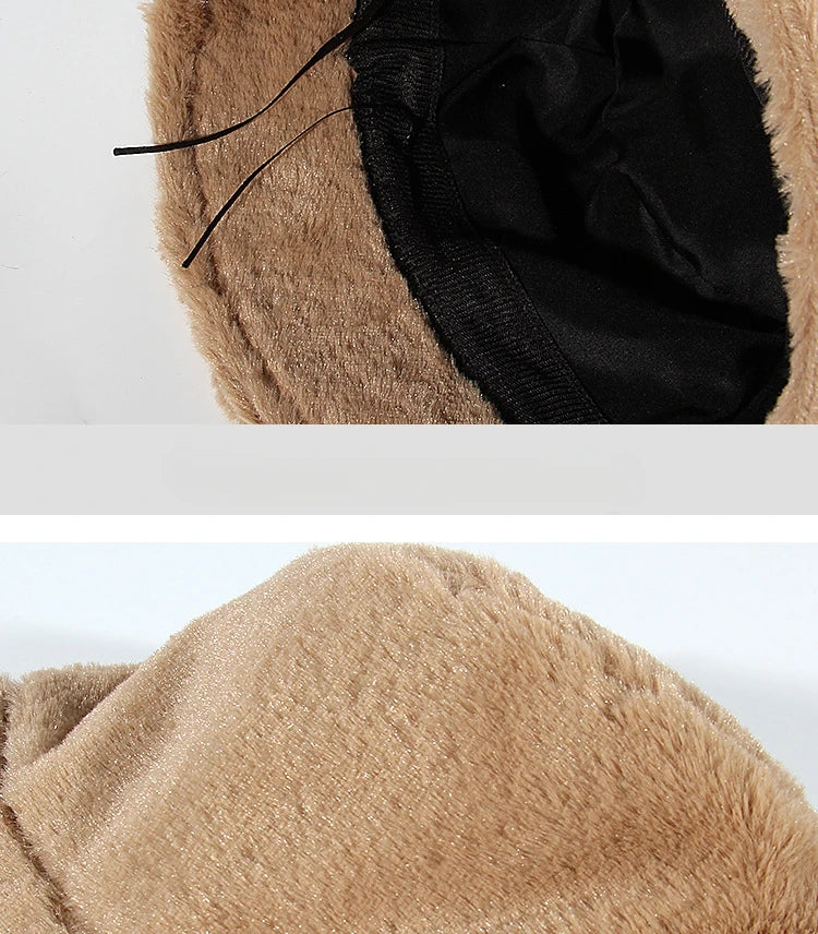 Winter Rabbit Plush Fisherman Hats for Women Girl Bucket Hat Windproof Leopard Soft Faux Fur Wide Brim Lady Women Artist Cap