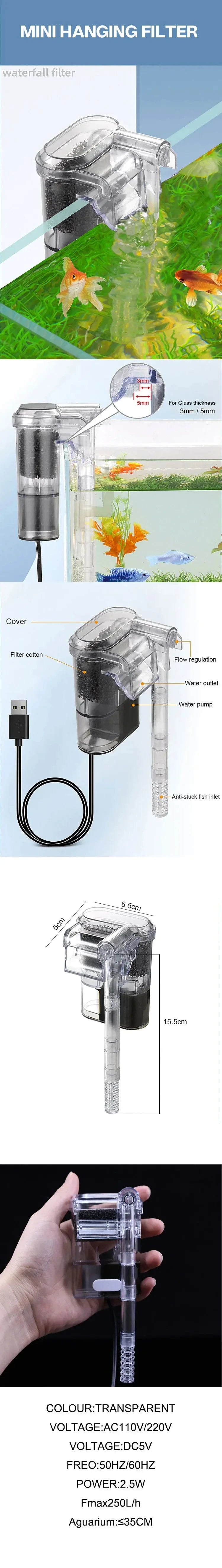 New Suspended Filter For Fish Tanks, Mini Filter, USB, 2.5W, 250H/L Suitable For Fish Tanks Below 30cm, Aquariums