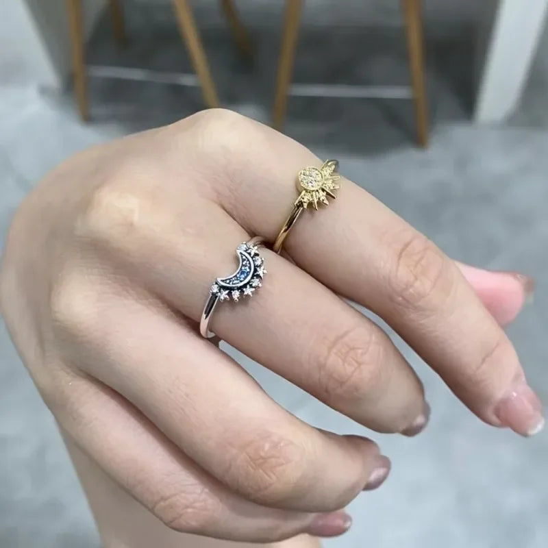 Moda criativa sol e lua azul anel feminino conjunto de dois simples na moda zircônia cúbica anéis de noivado jóias acessórios
