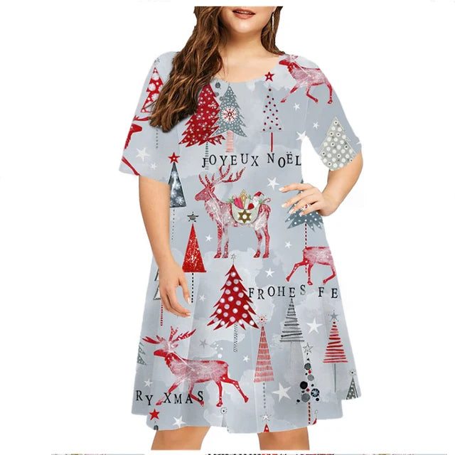Vestido estampado de Natal de manga comprida feminino, decote em O, neve, solto, plus size, 6XL, roupas de moda, ano novo, verão, 2023