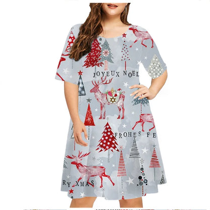 Vestido estampado de Natal de manga comprida feminino, decote em O, neve, solto, plus size, 6XL, roupas de moda, ano novo, verão, 2023