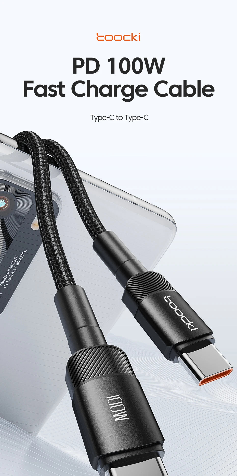 Cable Toocki de 100 W tipo C a USB C PD 3.0 de carga rápida 4.0 de tipo C a tipo C para iPhone 15, MacBook, Samsung y Xiaomi