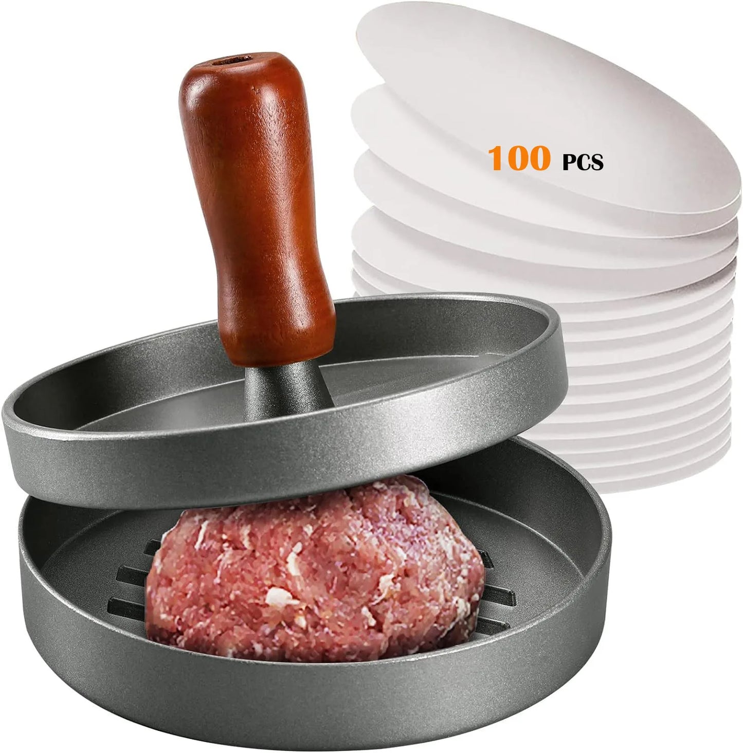 Prensa para hamburguesas de acero inoxidable con mango de madera antiadherente y 100 hojas de papel.