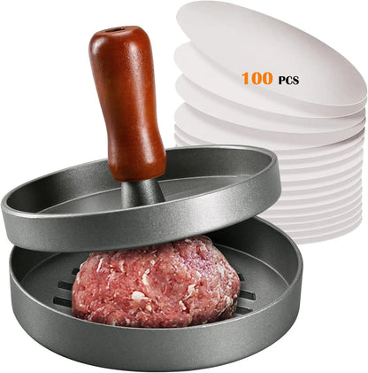 Prensa para hamburguesas de acero inoxidable con mango de madera antiadherente y 100 hojas de papel.