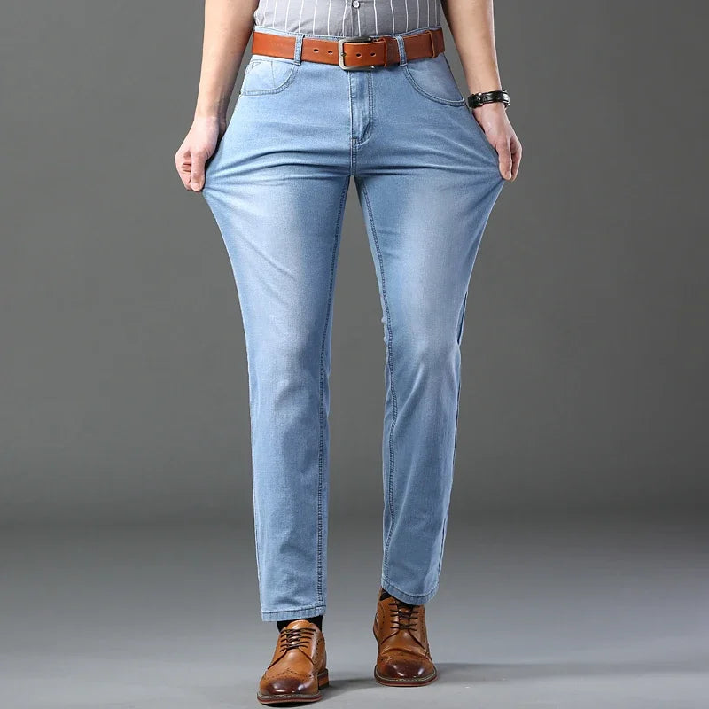Spring Autumn Business Men Jeans Casual Straight Stretch Fashion Classic Black Sky Blue Grey Work Denim Trousers Brand Clothing