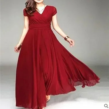 2026 Women's V Neck Short Sleeve Evening Party Dress Temperament Solid Colour Long Cocktail Chiffon High Waist Summer Dresses