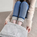 Women's Thermal Jeans Winter Snow Warm Plush Stretch Jeans Lady Skinny Thick Fleece Denim Long Pants Retro Blue Pencil Trousers