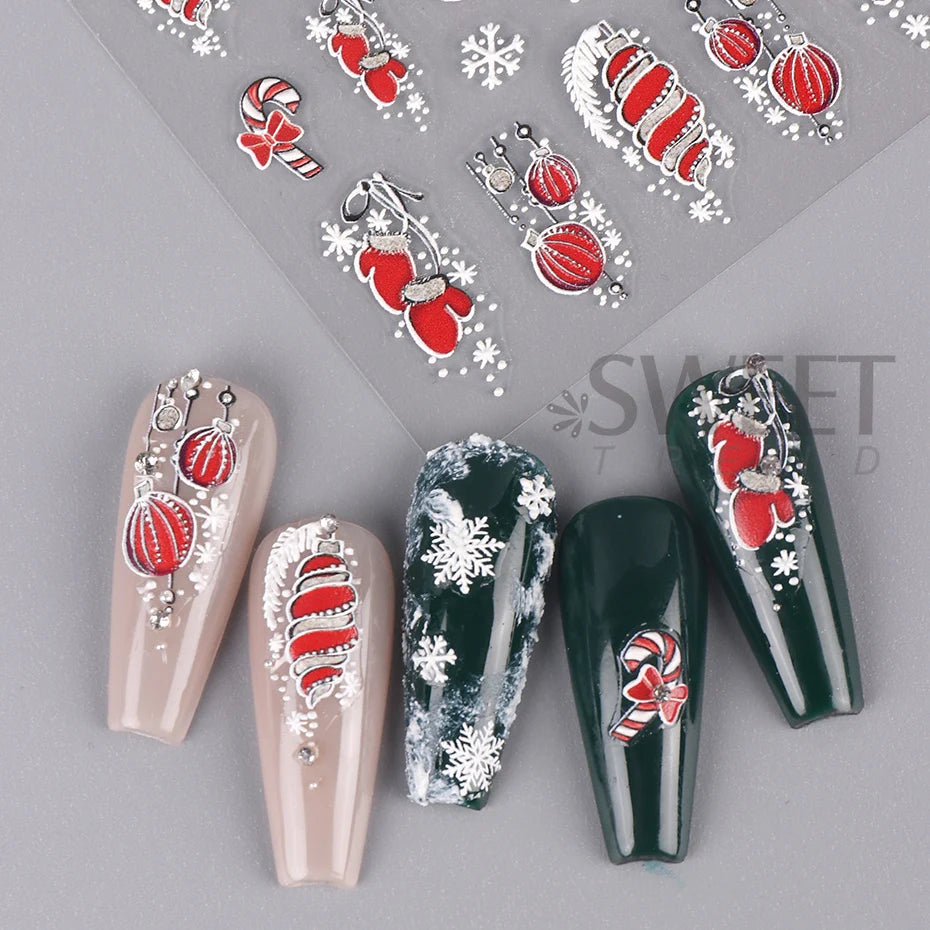 5D Red Christmas Nail Stickers Glitter Embossed Snowflake Gloves Feather Bulb Bells Winter Xmas DIY Engraved Manicure Decoration