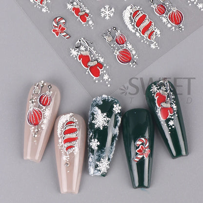 5D Red Christmas Nail Stickers Glitter Embossed Snowflake Gloves Feather Bulb Bells Winter Xmas DIY Engraved Manicure Decoration