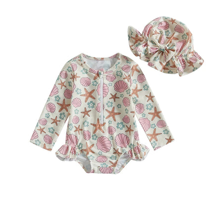 Traje de baño de verano para niñas pequeñas, estampado floral, sin espalda, con volantes, manga larga, ropa de playa para niñas de 0 a 4 años