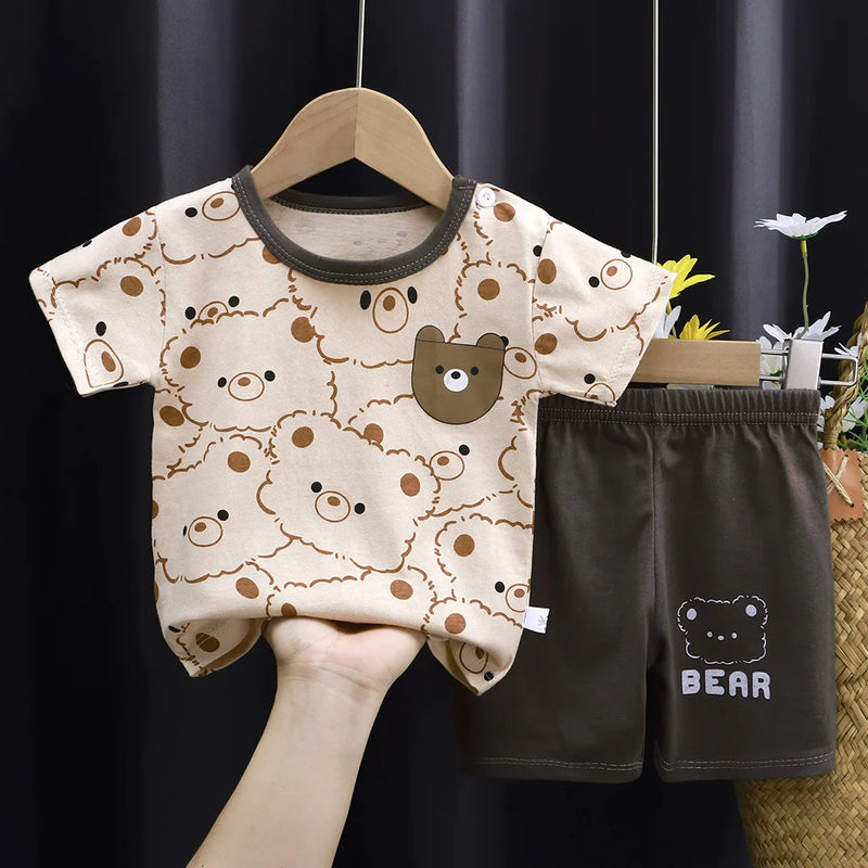 New Boys Summer Clothing Set Full Bear Print Cotton Short Sleeve T-shirts and Shorts 2PCS Breathable Outfit For Girls