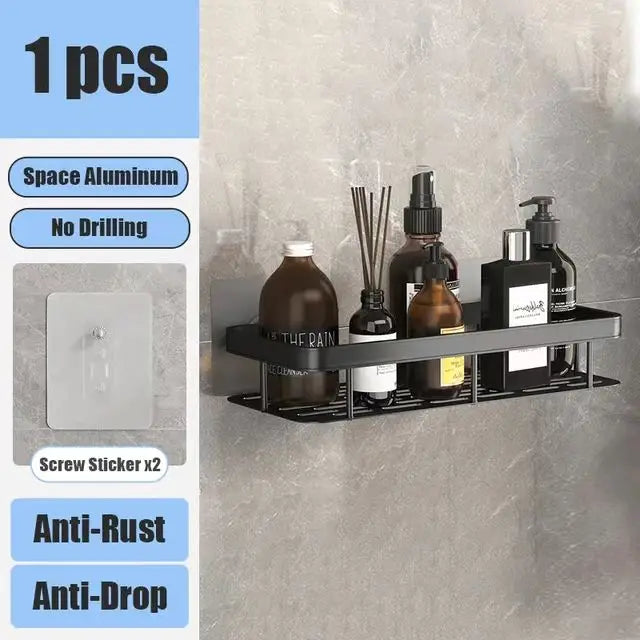Estante de baño sin taladro, estante de pared para champú, ducha, estante de esquina, estante de almacenamiento para inodoro, accesorios de cocina de aluminio para baño