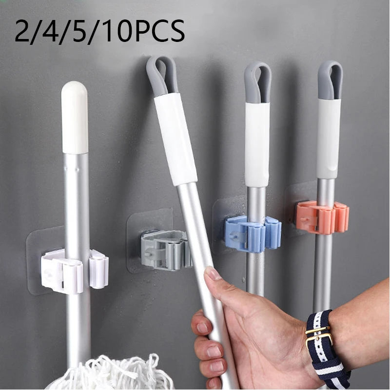 2/4/5/10Pcs Wall Mounted Mop Organizer Holder Adhesive Broom Hanger Hooks Bathroom Kitchen Storage Racks Home Accessories