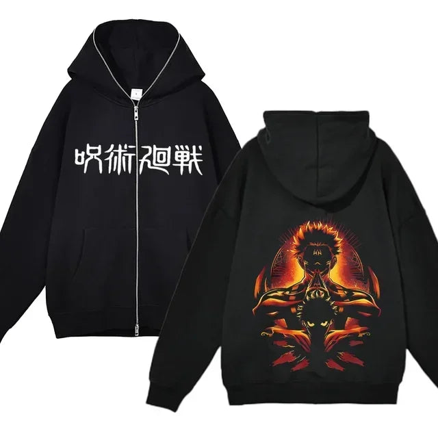 Chaquetas con cremallera de Anime Gojo Satoru, sudadera con capucha de forro polar fino, sudaderas con cremallera Y2K, Jujutsu Kaisen 