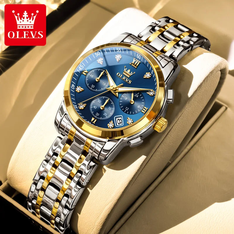 Relógio feminino Olevs de luxo quartzo a prova de agua calendário de pontos elegantes em estilo diamante