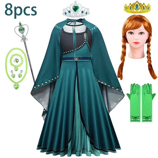 Frozen Green Anna Princess Girls Cosplay Costume Full Long Sleeve Dress With Cloak Carnival Party Kids Clothes Birthday Dress