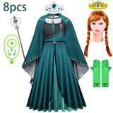 Frozen Green Anna Princess Girls Cosplay Costume Full Long Sleeve Dress With Cloak Carnival Party Kids Clothes Birthday Dress
