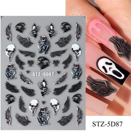 Cinturón negro 5D pegatinas en relieve gótico Halloween estilete calabaza calavera telaraña cremallera manicura uñas gel autoadhesivo decoración