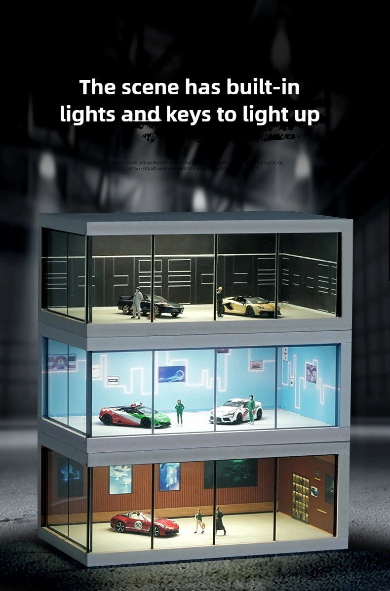 1/64 Simulated Alloy Car Model Showroom for Boy Miniature Acrylic Parking Lot Car Display Stand with Lights Kids Collection Toys
