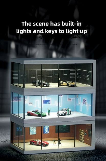 1/64 Simulated Alloy Car Model Showroom for Boy Miniature Acrylic Parking Lot Car Display Stand with Lights Kids Collection Toys