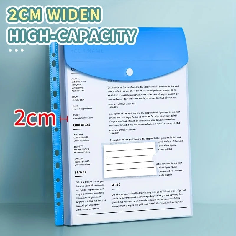 6pcs A4 High-Capacity Loose-Leaf File Bags with 11-Hole Binding Rings,Expandable Button and Label Pockets,Suitable for School