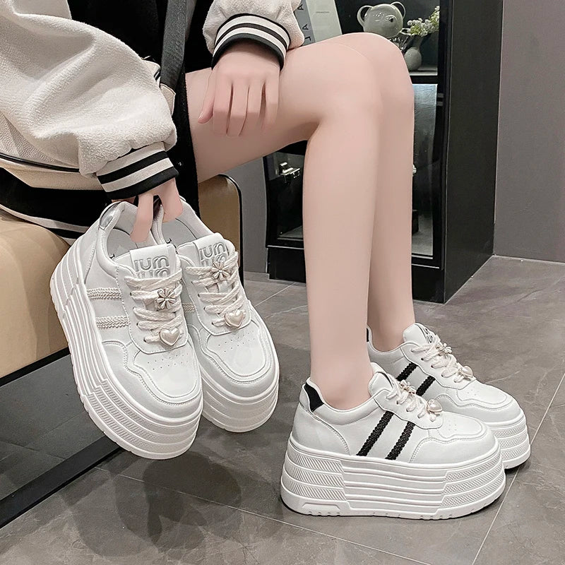 8cm Leather Flats Casual Dad Shoes Chunky Sneakers 2025 Women Platform Sports Shoes Ladies Skateboard Hidden Heels Shoes Tennis