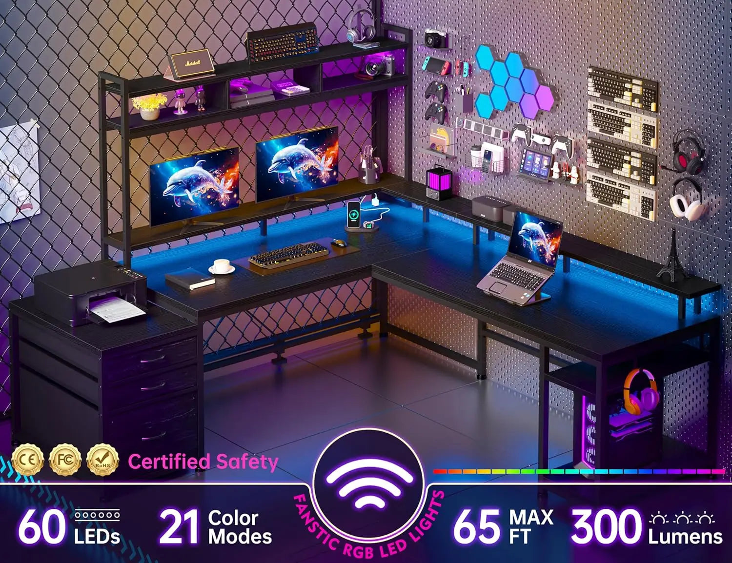 Escritorio para juegos en forma de L EnHomee con cajones, reversible, de 167 cm, para oficina en casa, con luz LED y tomas de corriente, color blanco.