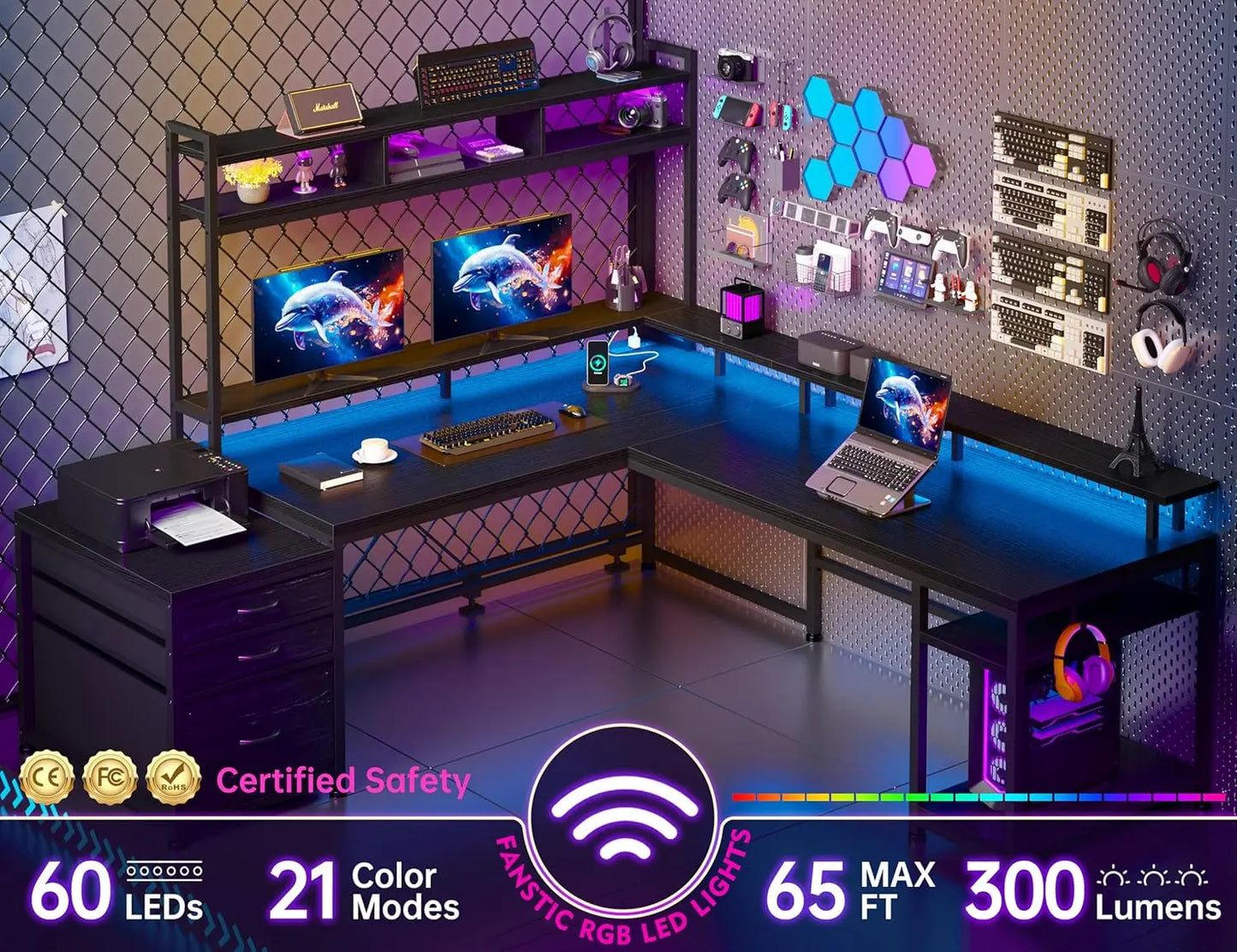 EnHomee L Shaped Gaming Desk with Drawers 66" Reversible Home Office Desks with LED Light & Power Outlets White Computer