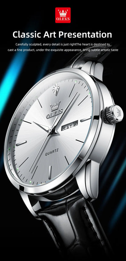 Reloj de vestir de cuarzo OLEVS 2935 con calendario dual para hombre, sencillo y original, de cuero, resistente al agua, luminoso, para negocios.