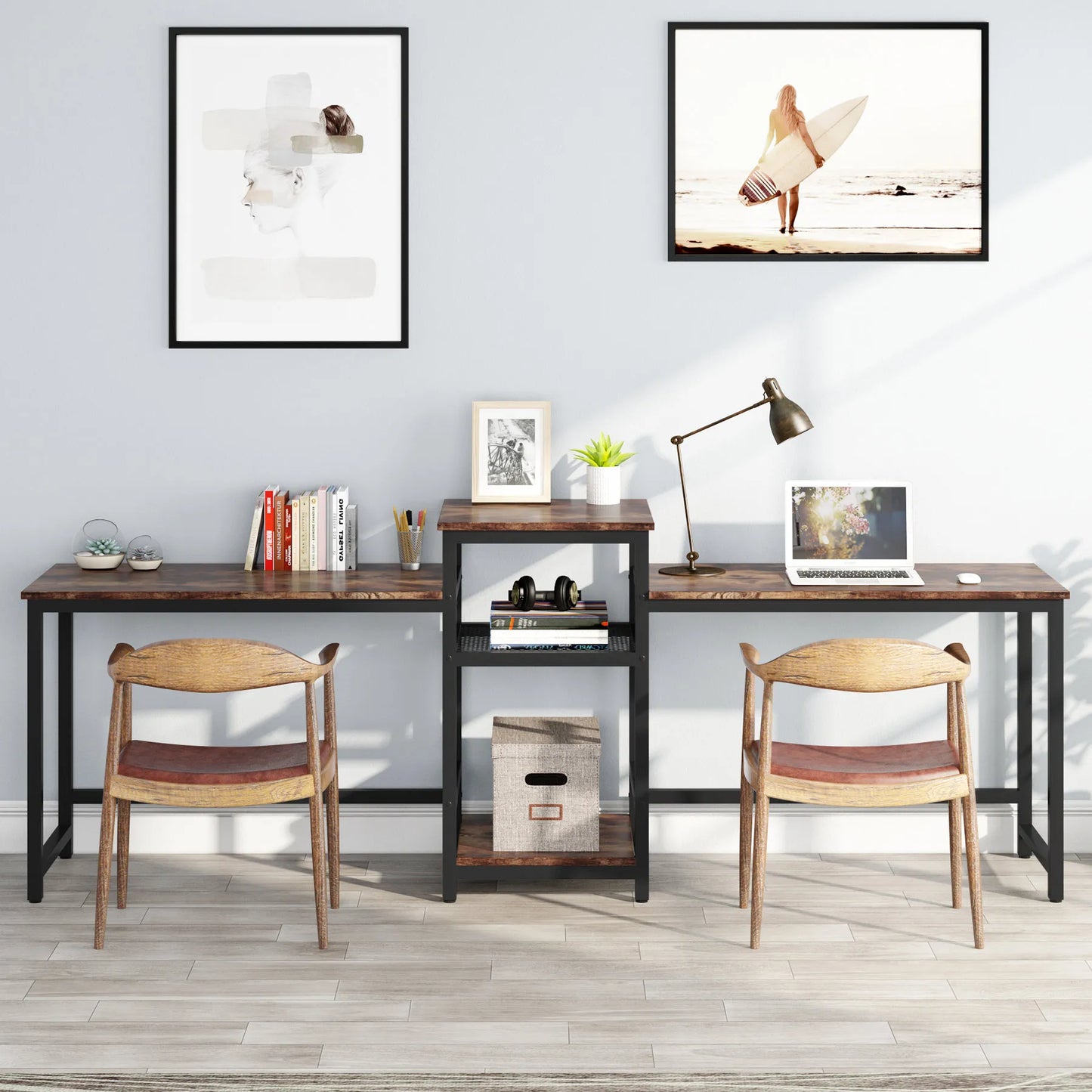 Tribesigns 96.9" Double Computer Desk with Printer Shelf, Extra Long Two Person Desk Workstation with Storage Shelves