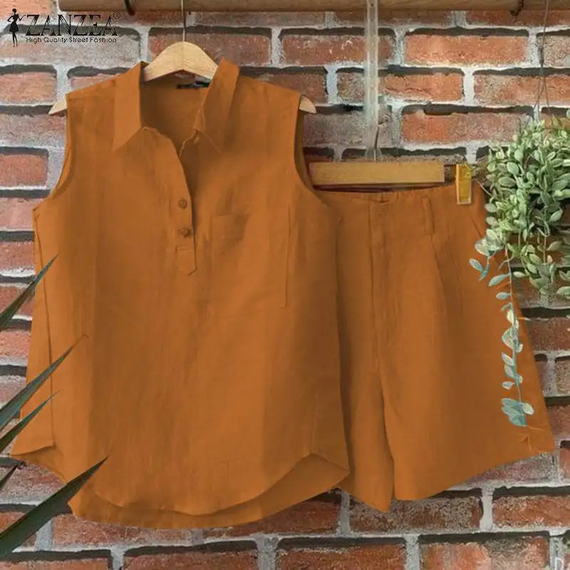 2024 ZANZEA Summer Matching Sets Fashion Suit 2PCS Tracksuits Women Sleeveless Tanks Tops and Shorts Elegant Solid Short Sets