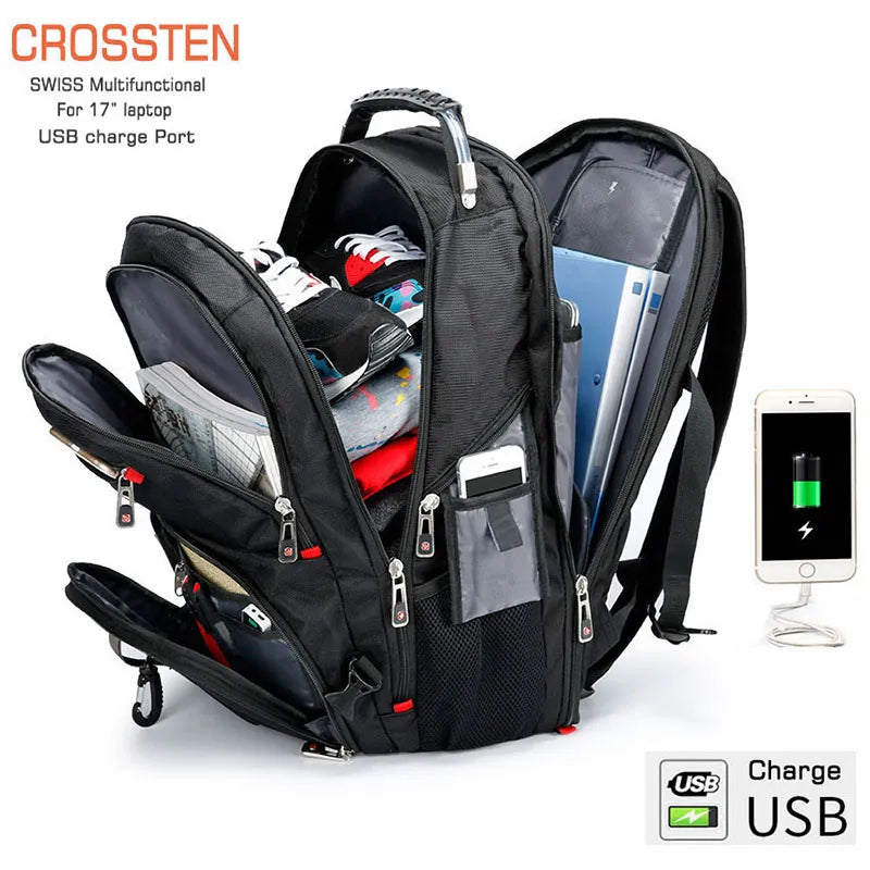 Swiss-Multifunction Bags Mochila duradera para portátil de 17 pulgadas, bolsa de viaje, mochila universitaria, puerto de carga USB, resistente al agua