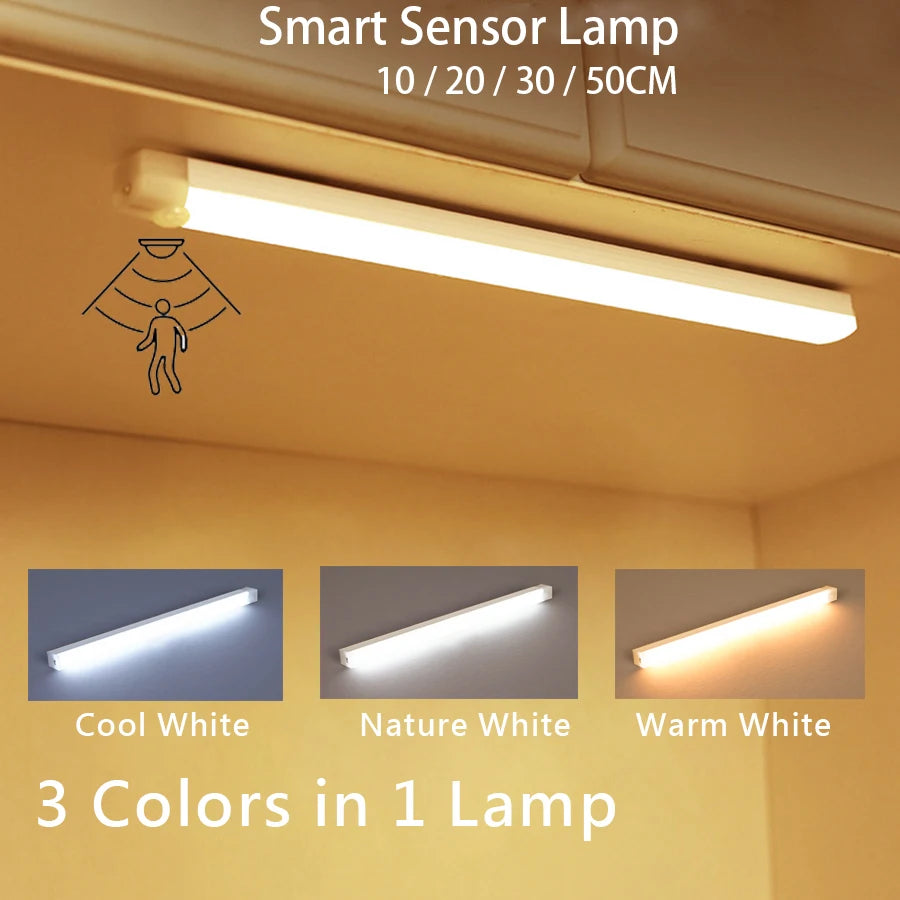 Luz Noturna LED Sem Fio com Sensor de Movimento e Recarga USB – Barra Longa para Armários de Cozinha, Guarda-Roupas, Cabeceiras e Escadas