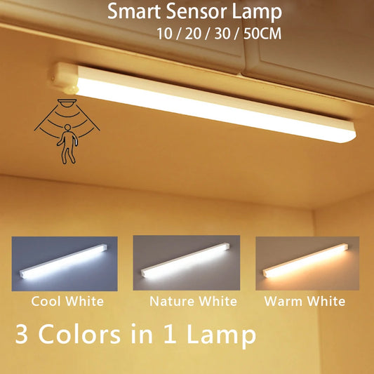 Luz Noturna LED Sem Fio com Sensor de Movimento e Recarga USB – Barra Longa para Armários de Cozinha, Guarda-Roupas, Cabeceiras e Escadas