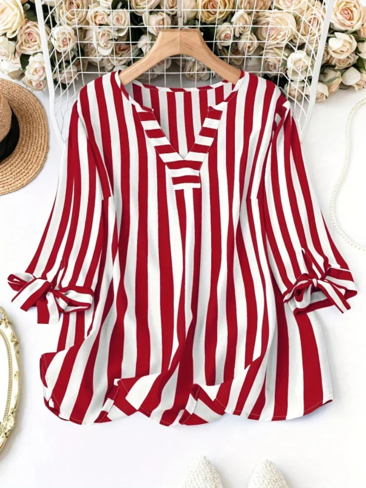 Plus Size Woman Fashion Spring Plaid T-shirt V-neck Jumper Light Breathable Tops European and American Style Beach Travel Clothe